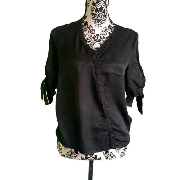 Shein Black Lace Trim Tie Sleeve Blouse - Picture 3 of 6